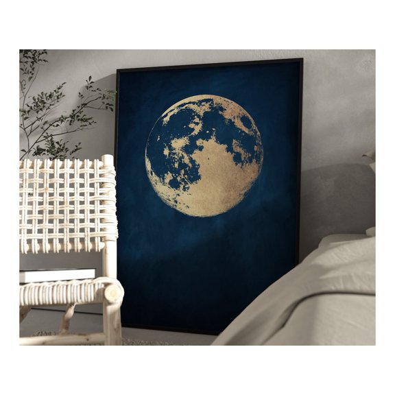 Blue And Gold Moon Dark Blue Indigo Moon Celestial Lunar Bedroom Living Room Serene Decor Wall Art Unframed Paper Print