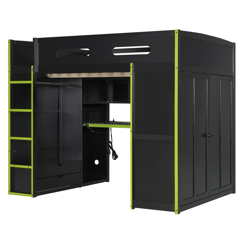 Full Size Wooden Loft Bed with Desk, Wardrobe and Storage Shelves, Gaming Loft Bed Frame with RGB LED Light, USB Charging Port and Built-In Workstation for Bedroom