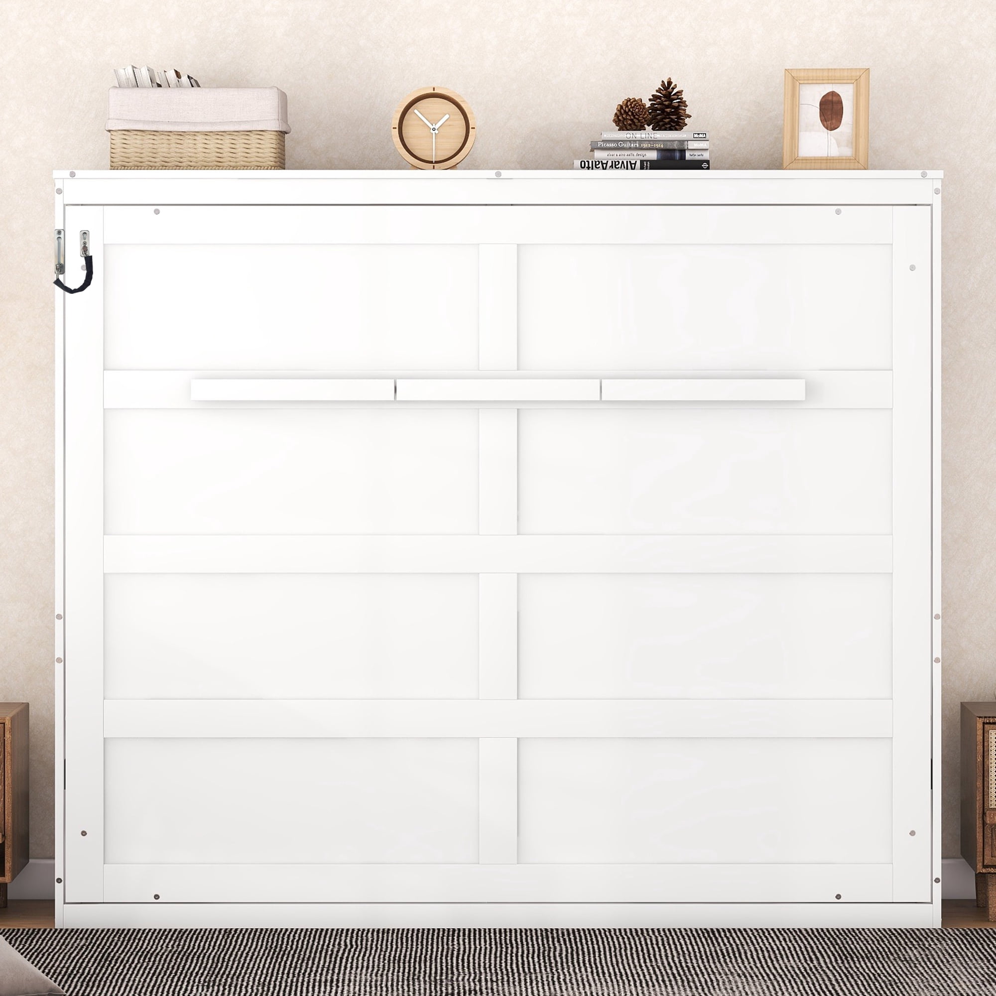 Mintazer Queen Size Murphy Bed, Modern Foldable Wall Bed with Storage Shelf for Bedroom Apartment Guest Room, White