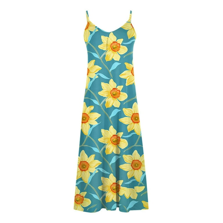Atogsazn Summer Dresses for Women Casual Maxi Boho Floral Printed  Sleeveless A-Lined Dress V Neck Clothes Fashion Yellow S - Walmart.com