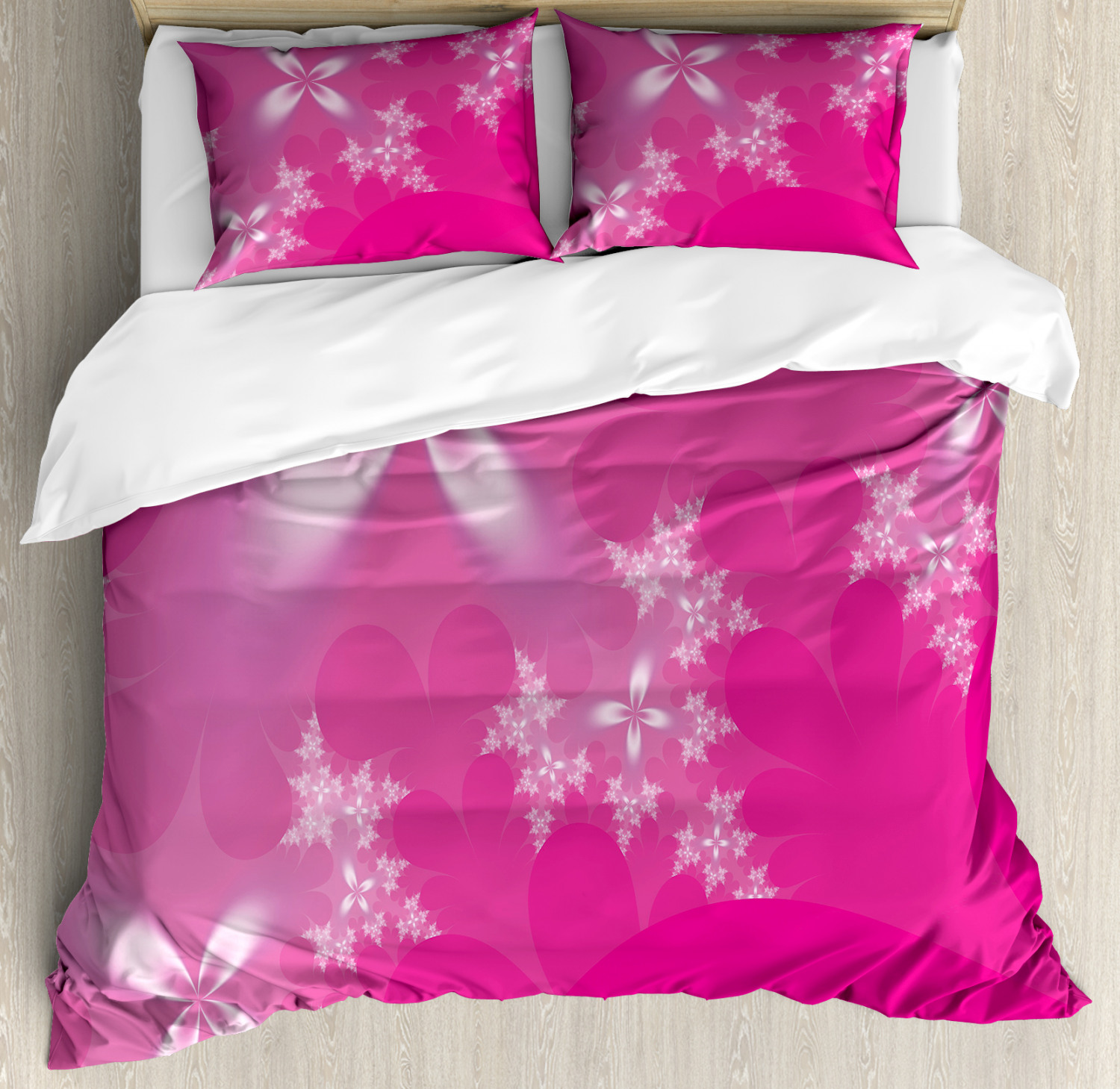 Hot Pink Duvet Cover Set, Vibrant Floral Arrangement on an Abstract Hot