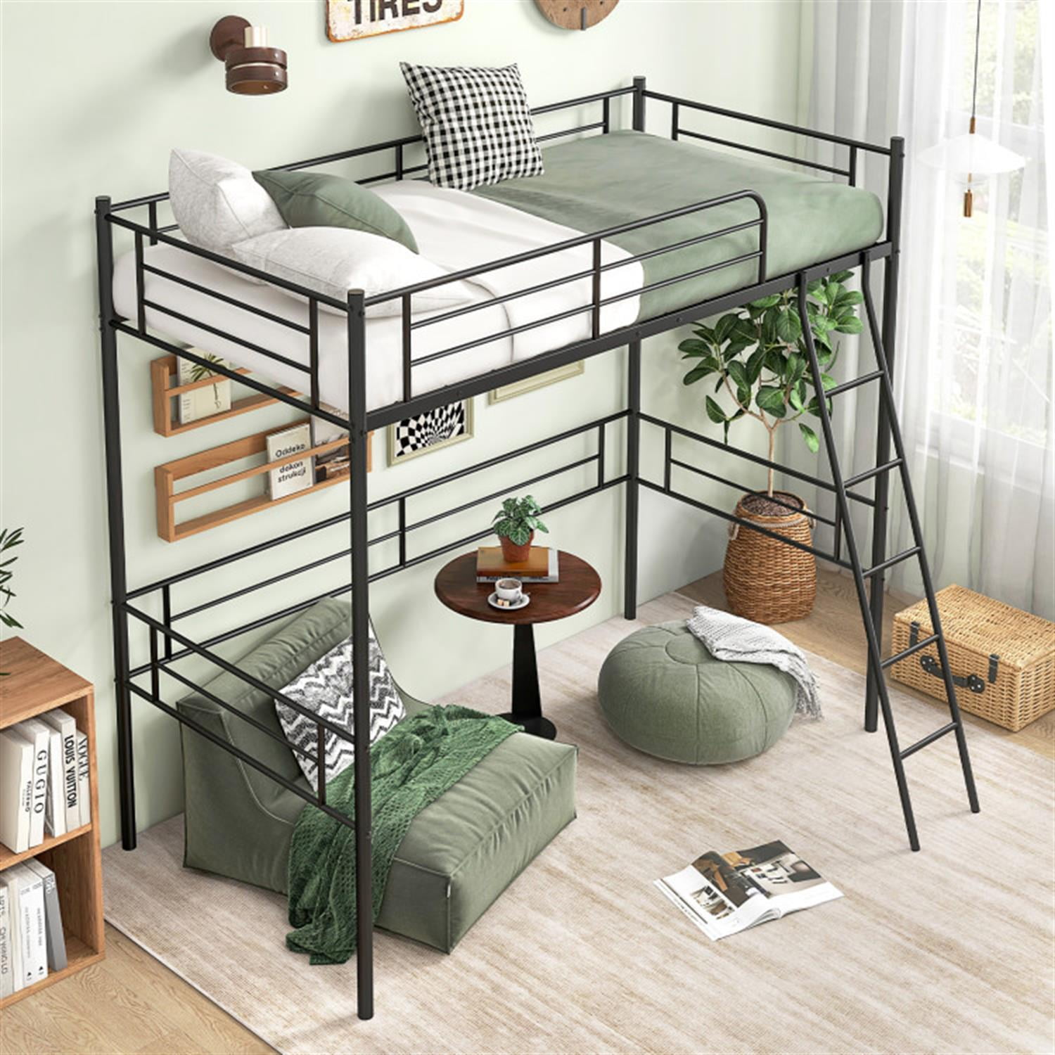 Demi Bonn Twin Size Loft Bed Metal Bed Frame with Ladder and Guardrails for Teens, Black
