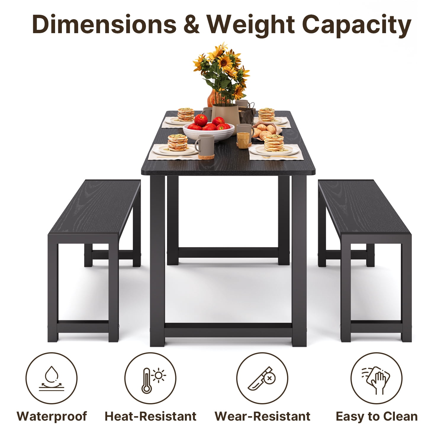 Extendable Dining Table Set for 4 People with 2 Benches,47" to 63" Kitchen Table for Living Room, Black