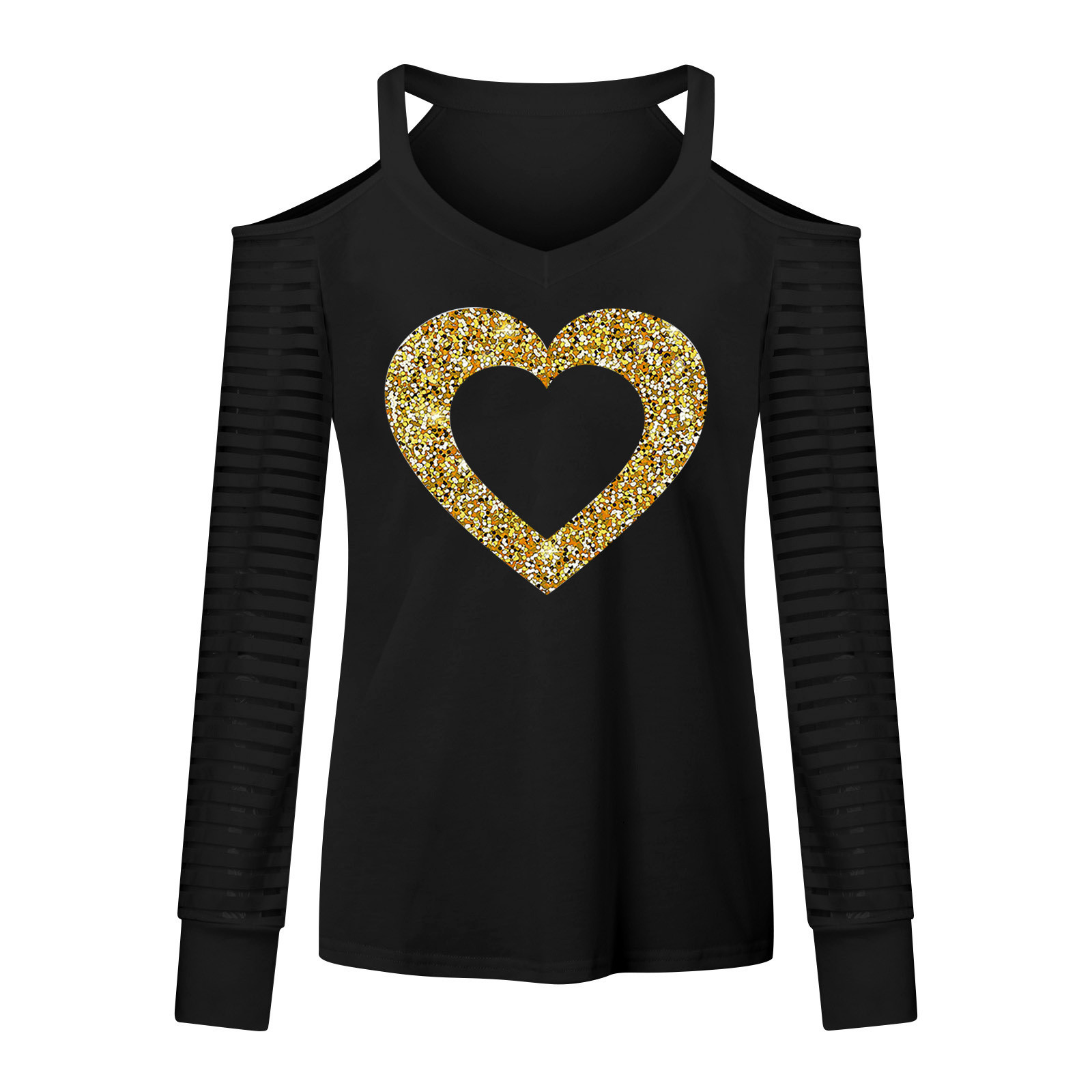 Women Sparkly Heart Shirts Fashion Sweetheart Collar Cold Shoulder Stripe Long Sleeves T-Shirt Pullover Tunic Tops - image 4 of 4