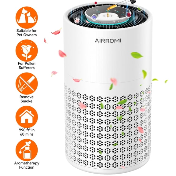 AIRROMI Air Purifier for Home Bedroom, 990 Sq Ft, 3-in-1 Filter HEPA Layer for Pet Hair and Odors, 23 dB Sleep Mode, Aromatherapy, Night Light & Timer, A2001 White