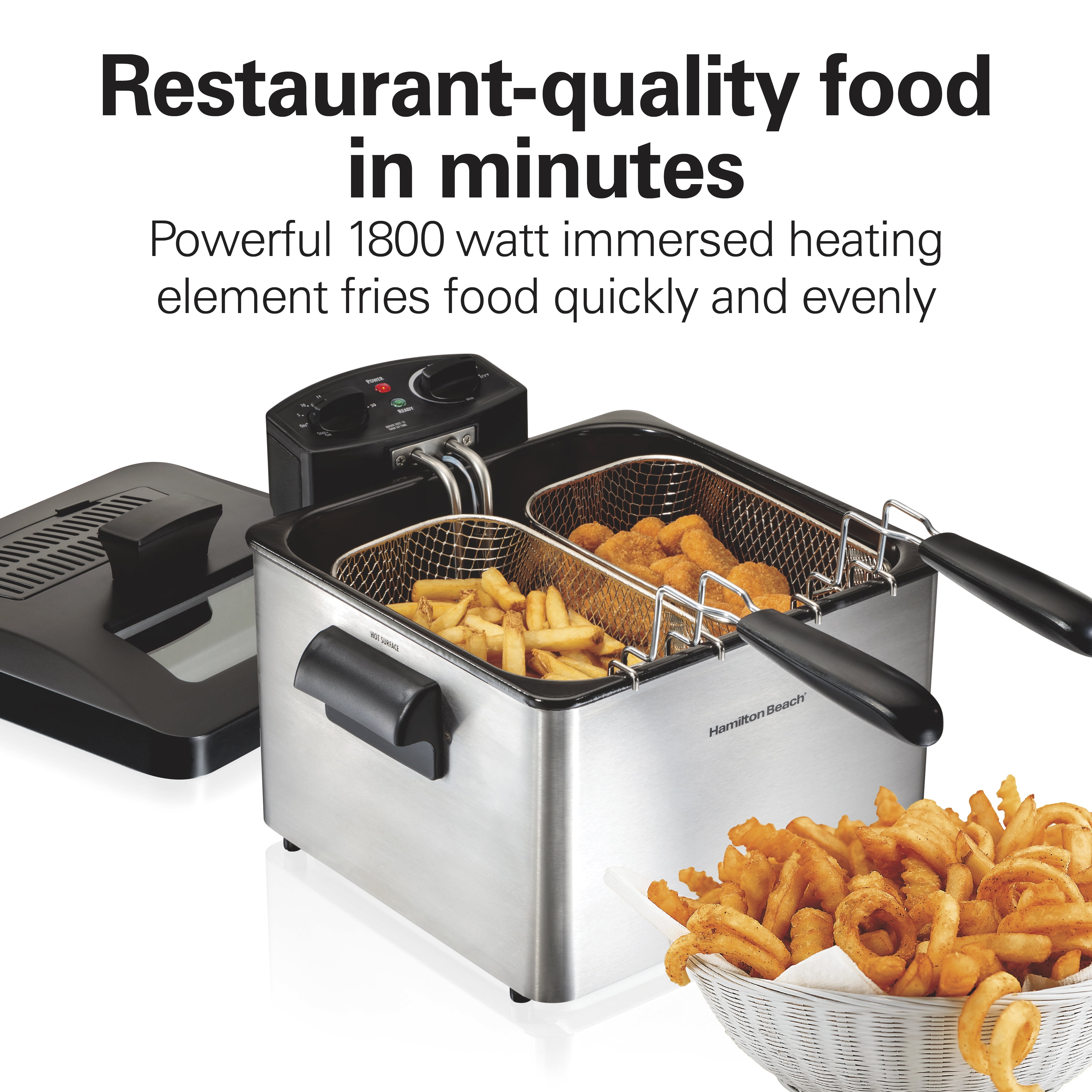 Hamilton Beach Deep Fryer with 2 Frying Baskets, 19 Cups / 4.5 Liters Oil  Capacity, Lid with View Window, Professional Style, Electric, 1800 Watts