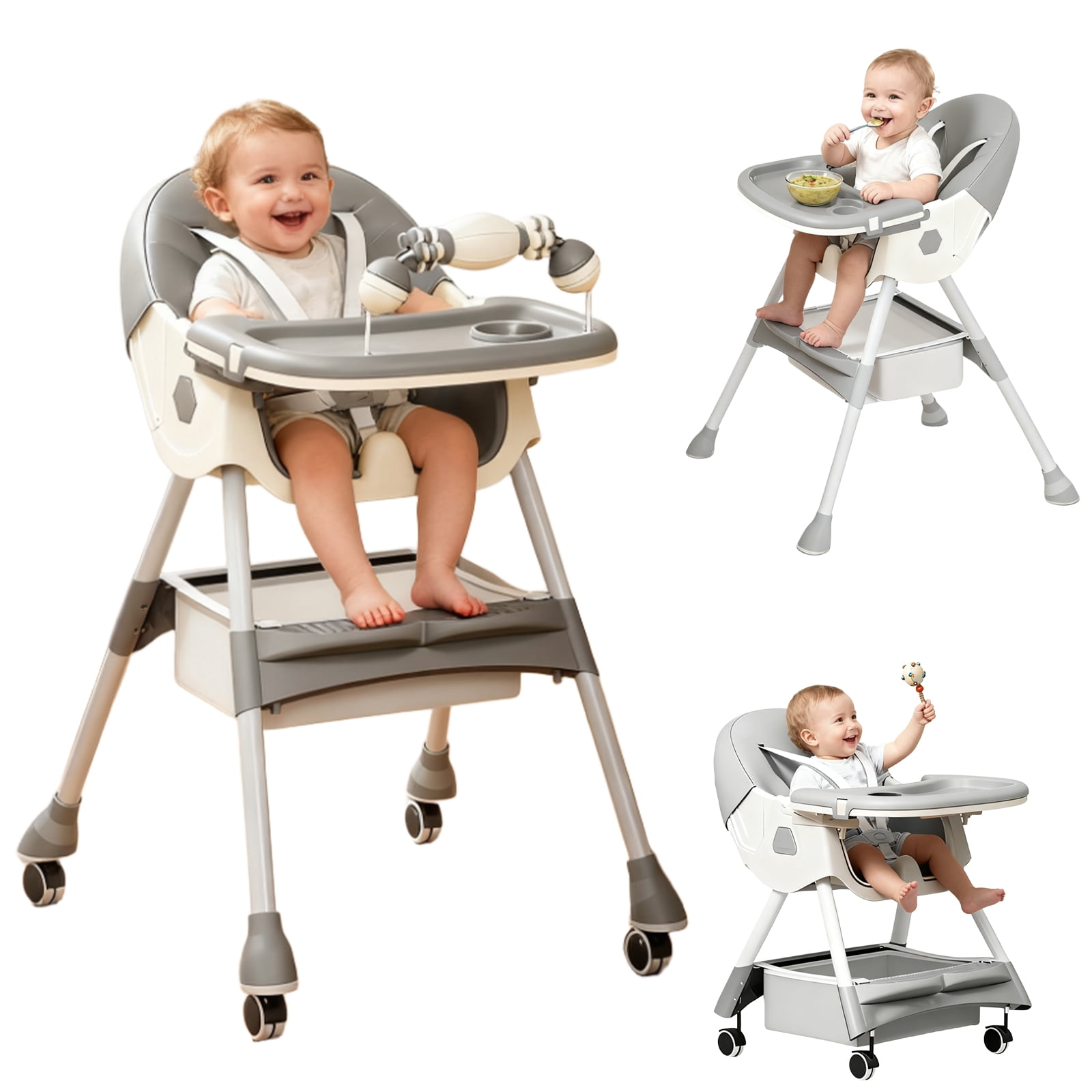 ManyFun-4-in-1 Baby High Chair Portable Toddler Baby Dining Chairs-Dining Booster Seat for Eating-Dinner Plate and Toy Rack,Grey
