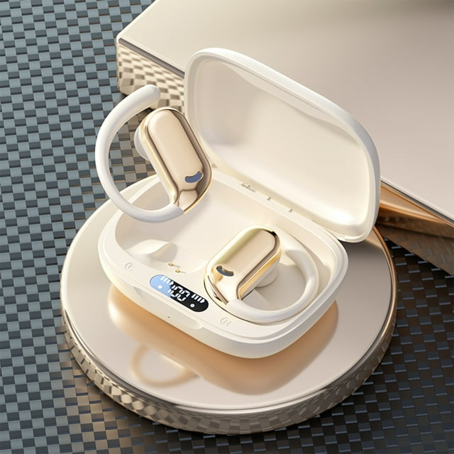 Auriculares colgantes Bluetooth 5.4 | Diseño ligero de oído abierto | Sonido estéreo panorámico | Baja latencia | Batería de alta duración 6H | Carga tipo C | Beige | Paquete de 2