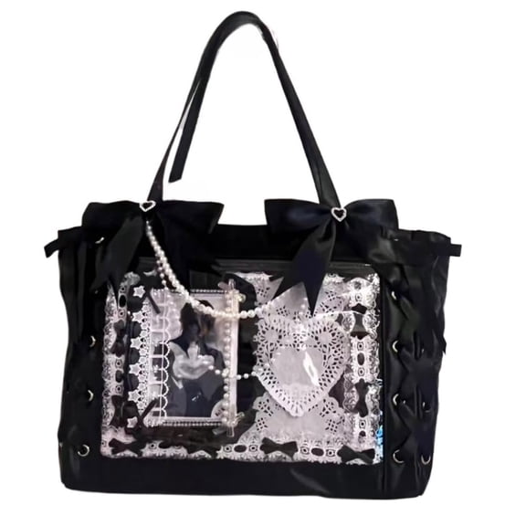 Cute Ribbon Bow Ita Tote Bag, Clear Front Window Anime Pin Display Large Capacity Shoulder Handbag