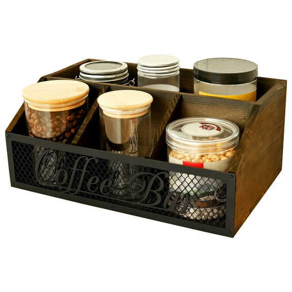 Wood and Metal Mesh Coffee Station Organizer Vintage Coffee Bar Organizer Space Saving Tea Bar Accessory Organiser for Countertop