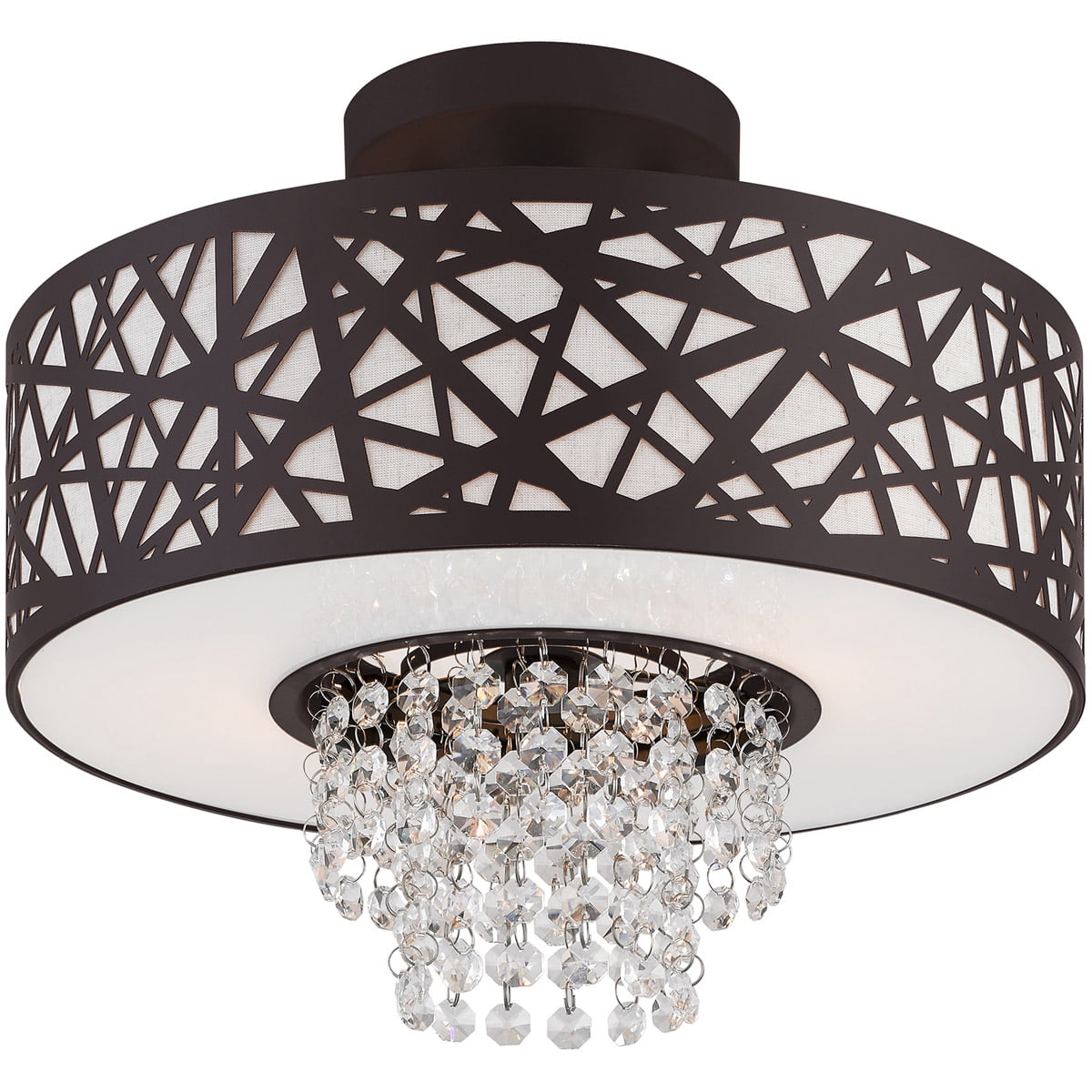 2 Light Bronze Ceiling Light fixture with Oatmeal Color Fabric Hardback Inside & Clear Crystals Shade