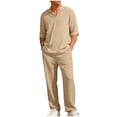 thumbnail image 2 of Havenre Men's 2 Piece Textured Sets Lightweight Casual Elbow-Length Sleeve Lapel Collar V Neck Shirts and Elastic Waist Beach Pants with Pockets Summer Vacation Outfits Khaki XXXL, 2 of 10