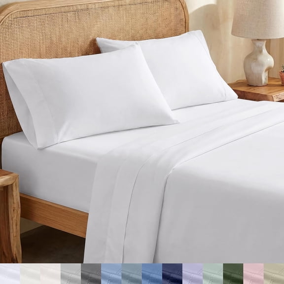 Organic Cotton Queen Sheet Set 4 Pieces Bright White Percale 15 Inch Deep Pocket