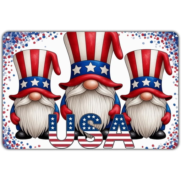 Patriotic Gnomes USA Flag Vintage Metal Tin Sign for Garden Yard Porch Cafe Kitchen Wall Decor 8 x 12 In