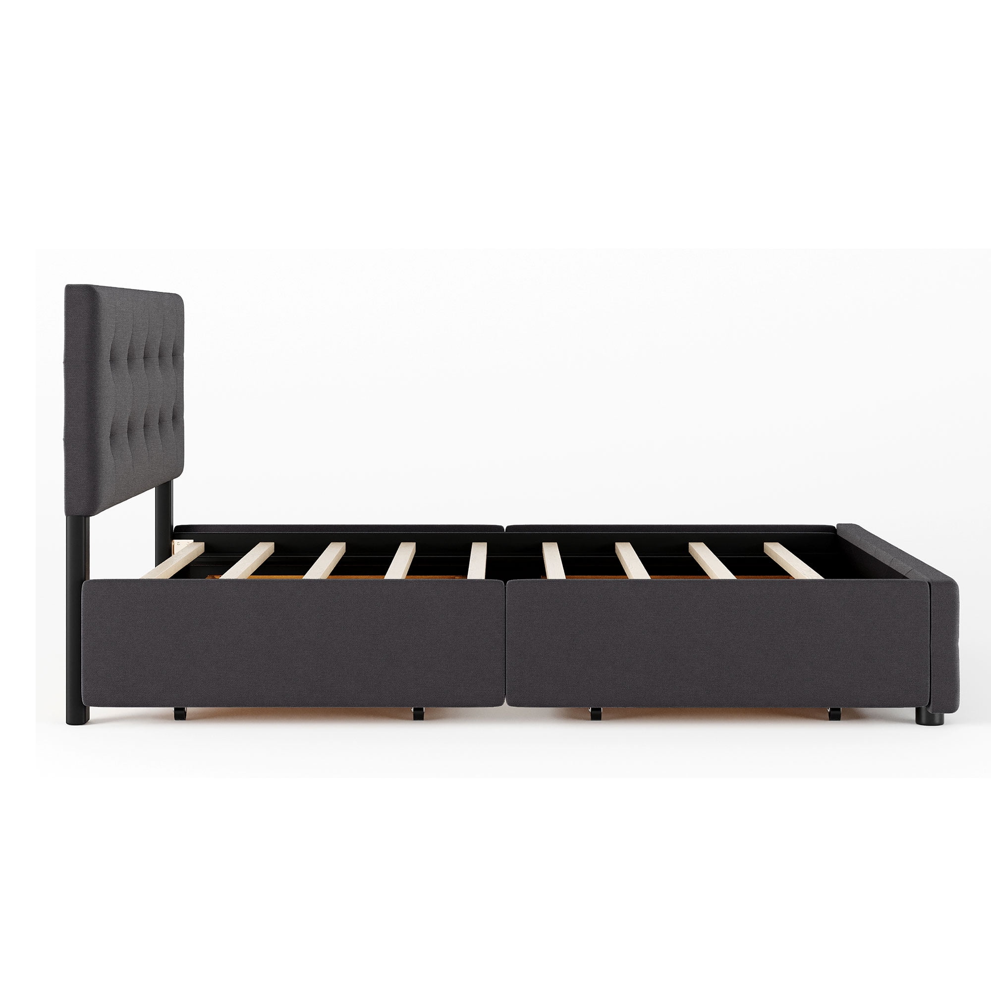 PAPROOS Queen Storage Bed Frame with 4 Drawers, Upholstered Platform Bed with Tufted Button Headboard, No Box Spring Needed, Heavy Duty Queen Size Bed Frame for Adults, Holds 500lbs, Light Gray