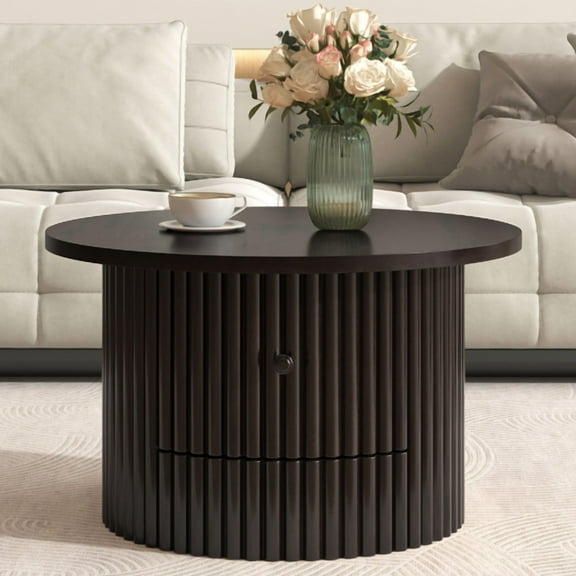 Round Farmhouse Coffee Table with Drawer and Vertical Slat Base, Dark Brown Finish Center Table for Living Room, 30.5"