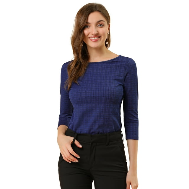 Blusa Estampado De Pata De Gallo Manga 3/4 Cuello Del Barco Oficina Trabajo Para Mujer Azul Profundo XL