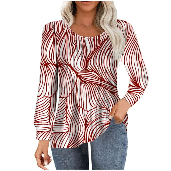 ChaoHeng Womens Long Sleeve Shirts Womens Autumn Long Sleeve New Trendy,Women's Casual Long-sleeved Loose Round Neck Non-positioned Printed Top(Watermelon Red,S)