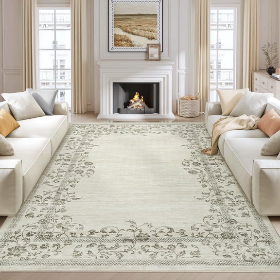 EcoSummer 8x10 Modern Floral Area Rug, Non-Slip Machine Washable Low Pile Rug for Living Room & Bedroom, Beige