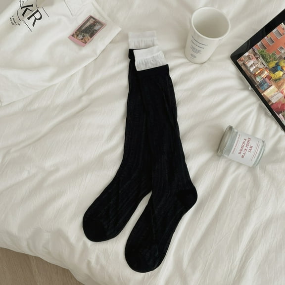 Zhuge 3 Pairs Casual Tube Socks Cotton Knee High Socks for Women Solid Knit Knee Long Stocking All Season Gift，Stretch，Soft（Black）