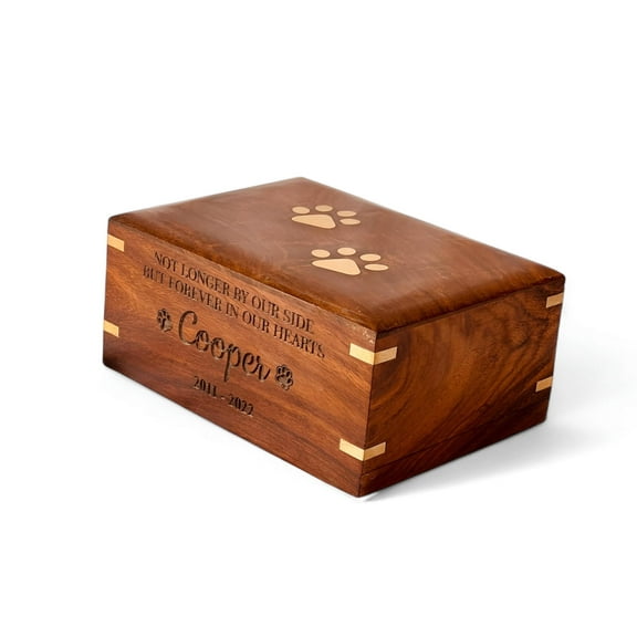 Personalized Cremation Urns for Dog Ashes - Engraved Rosewood Pet Urn with Brass Inlaid Paw Prints - Memorial Wooden Keepsake Box for Pet Ashes