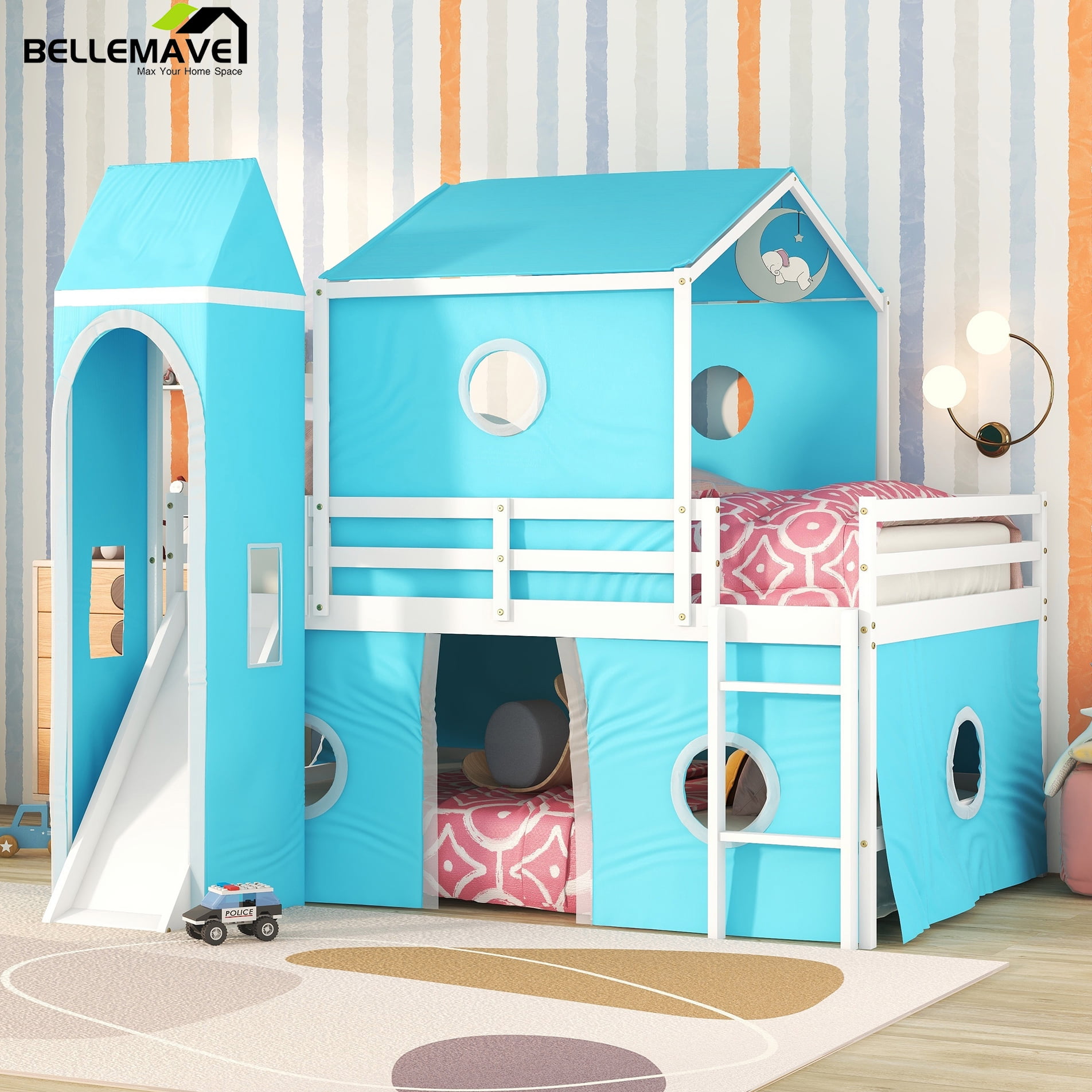 Bellemave Full House Loft Bed with Slide and Tent, Full Size Loft Bed with Curtains & Tower