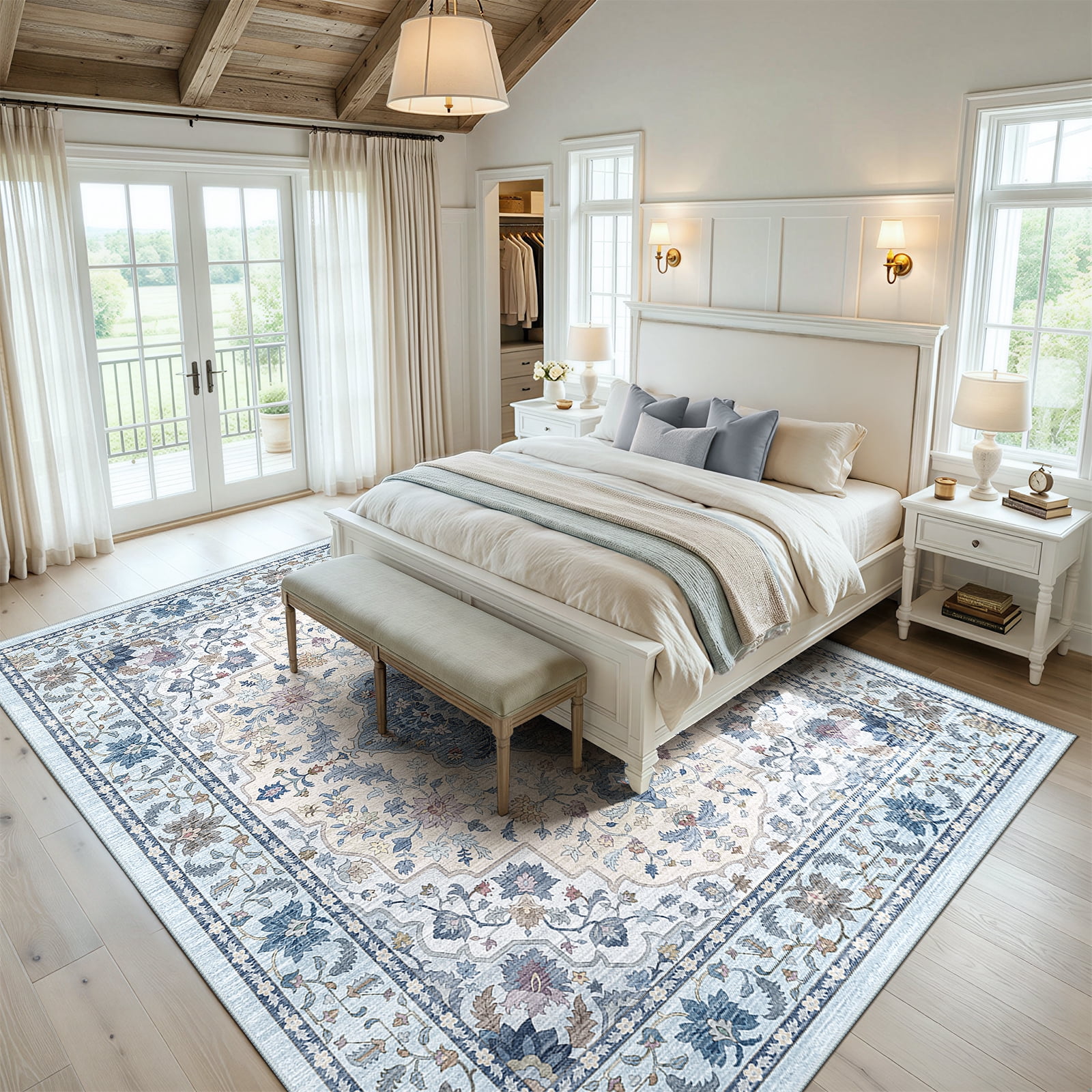 CHITOOMA 9'x12' Area Rugs for Living Room, Boho Machine Washable Stain Resistant Non-Shed Carpet, Floral Area Rug with Non-Slip Backing for Bedroom, Dining Room, Dorm, Office