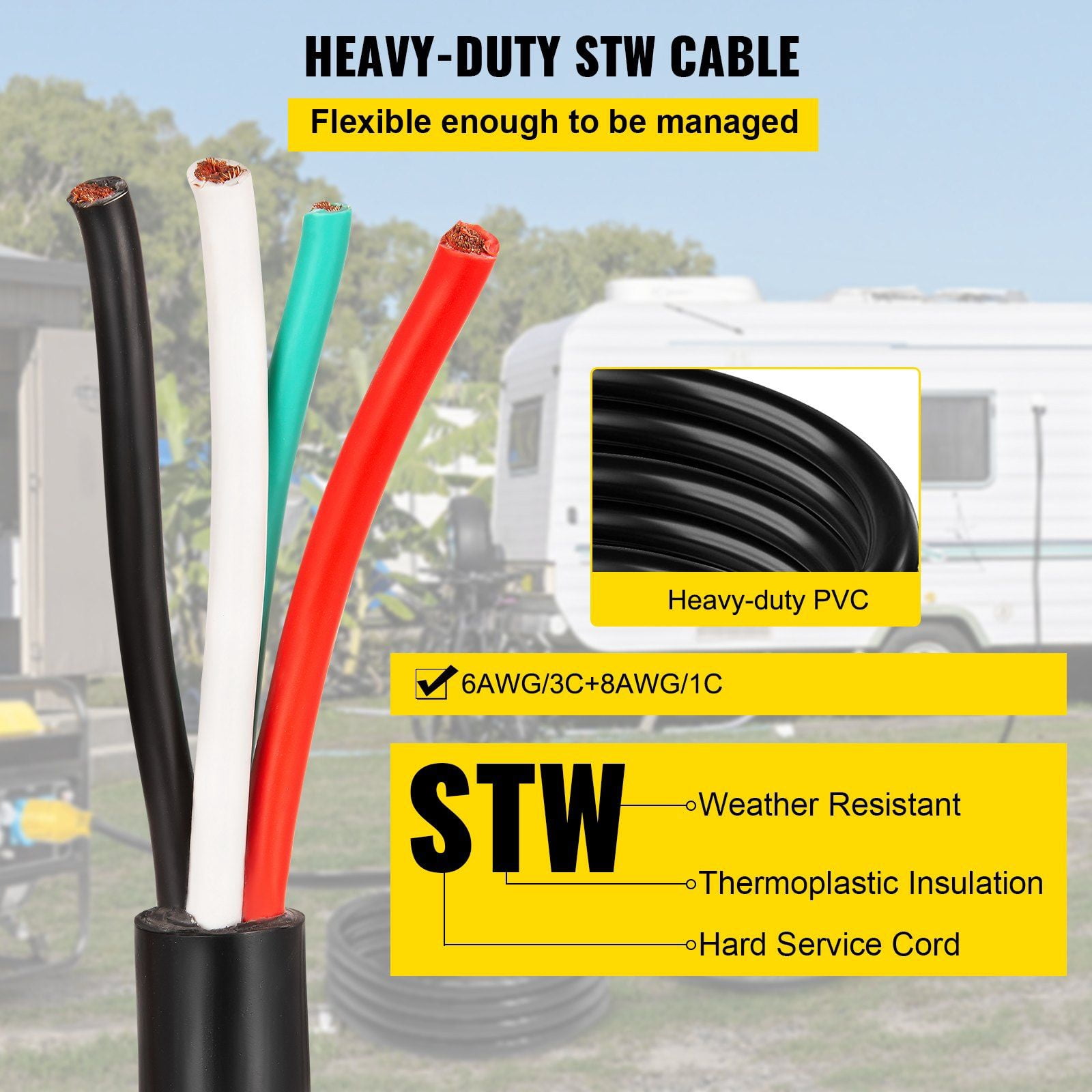 Zaverox 40FT 50A RV Generator Cord, 6/3+8/1 AWG NEMA 14-50P to Bare Wire for Camp Power