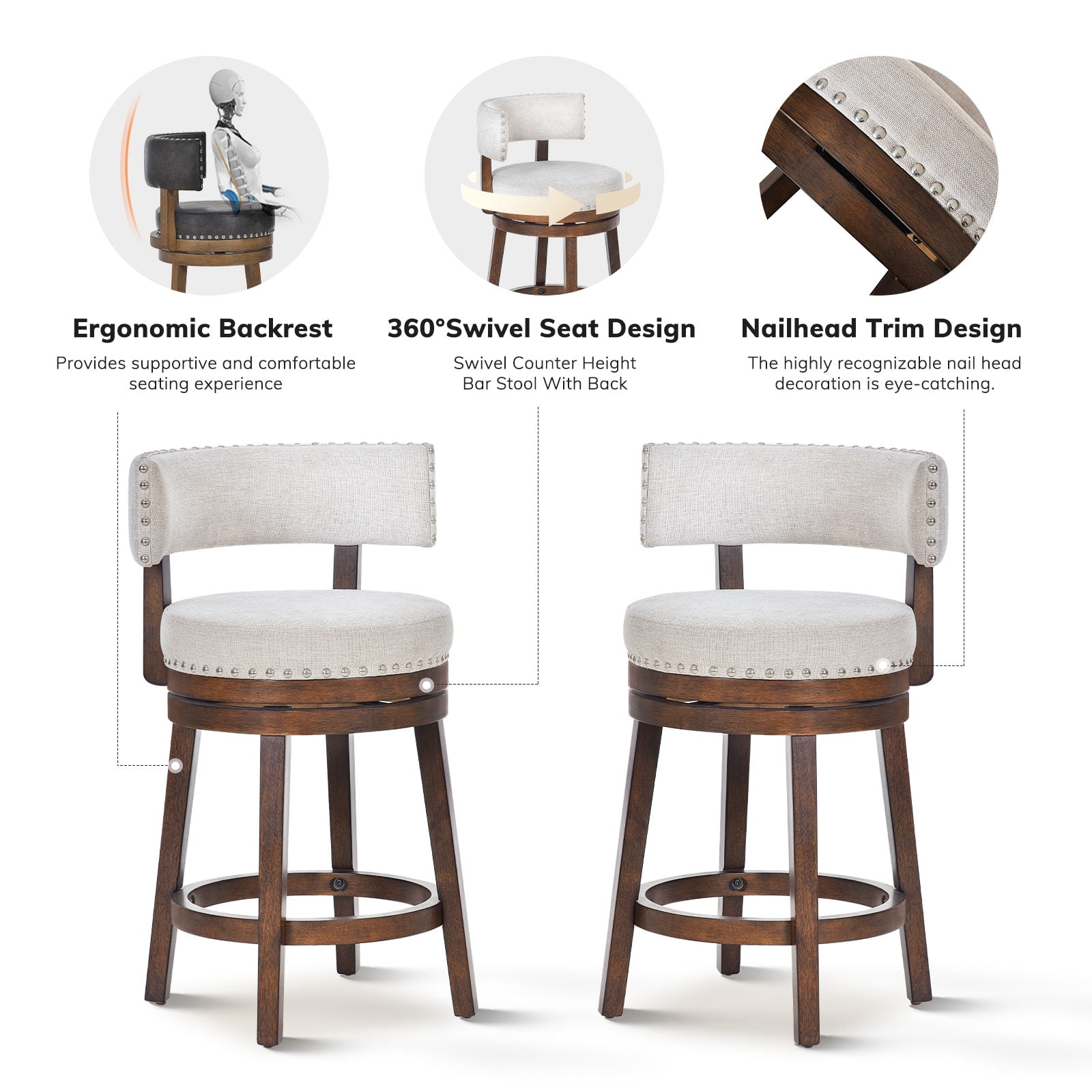 AFO Upholstered Swivel Bar Stool Set of 4 with Back - 24 Inch Counter Height Chair for Kitchen Island, Beige