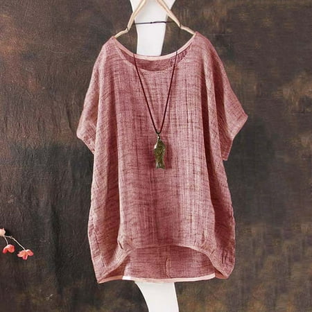 Summer Women Cotton Linen Short Sleeve T-shirt O Neck Loose Casual Solid Tops Blouse Tee Red