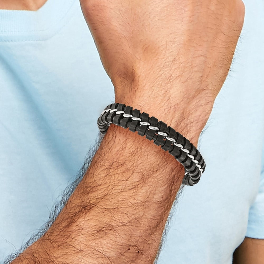 Diamond2Deal Stainless Steel Brushed and Polished Black Leather Bracelet for Men 9"