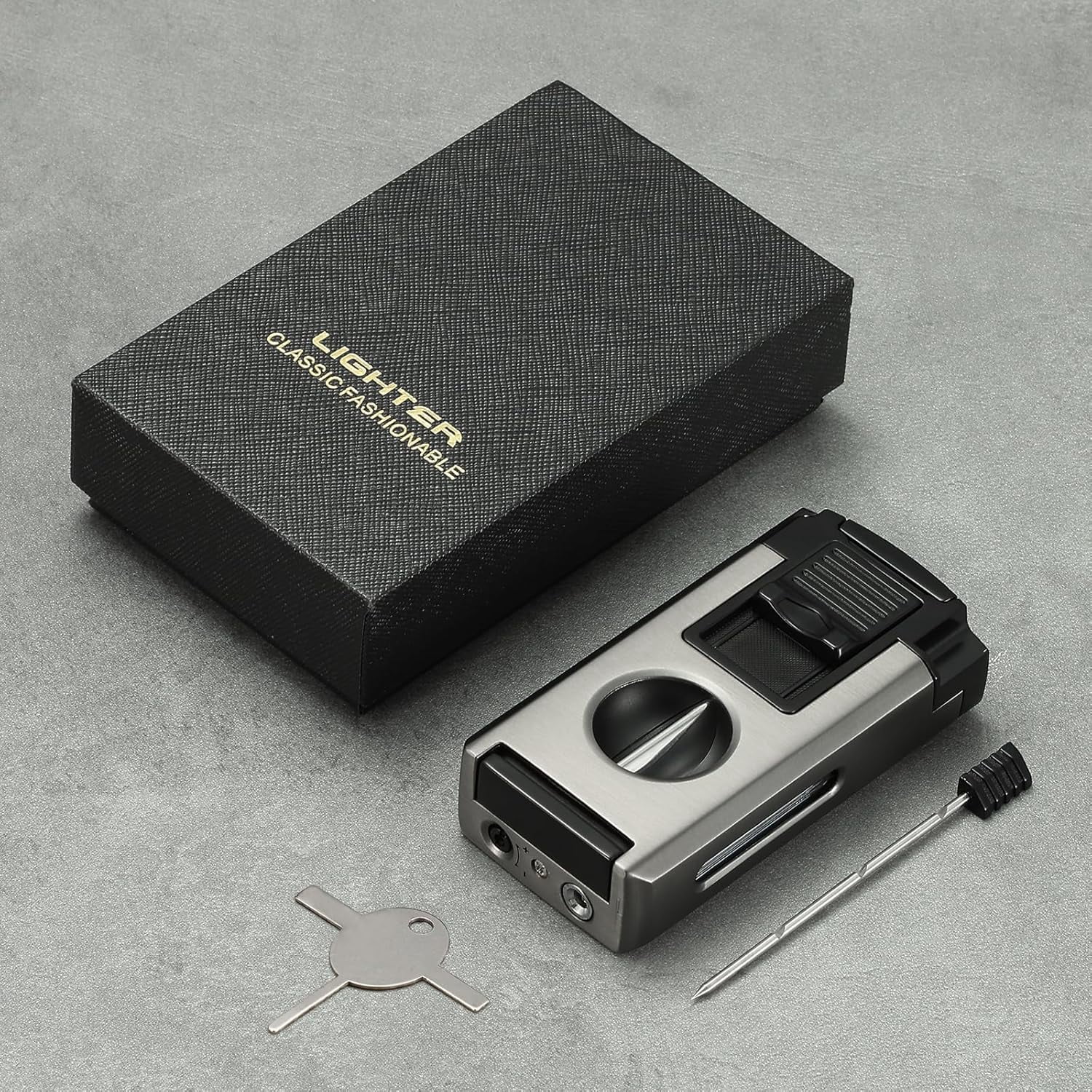 All in One Jet Flame Butane Torch Lighter Built-in Cutter V Cut, Punch, Holder Function, Draw Enhancer Tool, Refillable and Adjustable Windproof Gas Lighter, Black (Sold Without Gas)