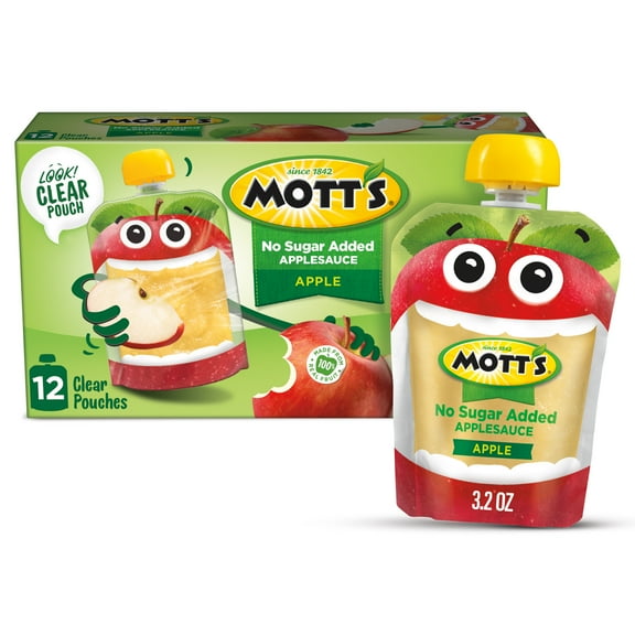 Mott's No Sugar Added Applesauce, 3.2 oz, 12 Count Clear Pouches