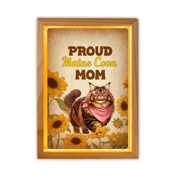Proud Maine Coon Mom Happy Mother's Day with Love Acrylic Plaque with Wood Photo Frame Box Cat Lover Kitten Owner Gifts Light Box - 02003