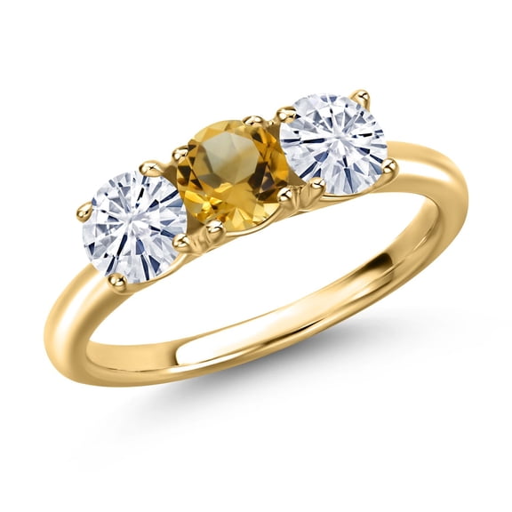 Gem Stone King 18K Yellow Gold Plated Silver Yellow Citrine and White Moissanite Engagement Ring for Women | 1.45 Cttw | Round 5MM | Gemstone November Birthstone | Size 6