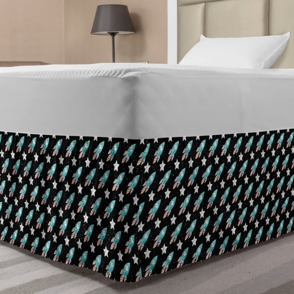 Rockets Bed Skirt, Repetitive Flying Stars Spaceship on Dark Tone Background, Elastic Bedskirt Dust Ruffle Wrap Around for Bedding Decor, 4 Sizes, Turquoise Charcoal Grey, by Ambesonne