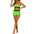 thumbnail image 2 of Conjuntos de bikini de color contrastante para mujer de 2 piezas, traje de baño de cintura alta con escote redondo, verde medio, 2 of 5