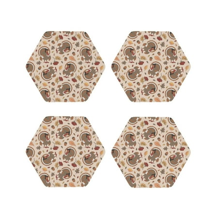 

KLL Drink Coasters Set Hexagon of 4 PU Leather Absorbent Coasters Set Decorative Coffee Cup Coasters Housewarming Gift for Home Decor-Cute Autumn Turkey