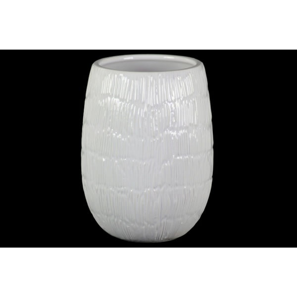 Vase en Céramique Rond avec Design Lignes Embossées, Grand, Blanc Brillant