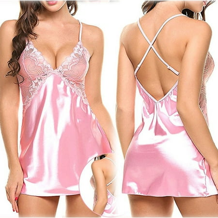 

nsendm Nightgown Home Lingerie Mesh Pajamas Sling Nightdress Set Satin Lingerie Long for plus Size Women Underwear Pink Small