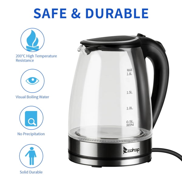 1.8L Electric Glass Kettle, 1500W Borosilicate Fast Boil with Auto Shut-Off, Blue LED Light & BPA-Free, CE/GS/ROHS Certified