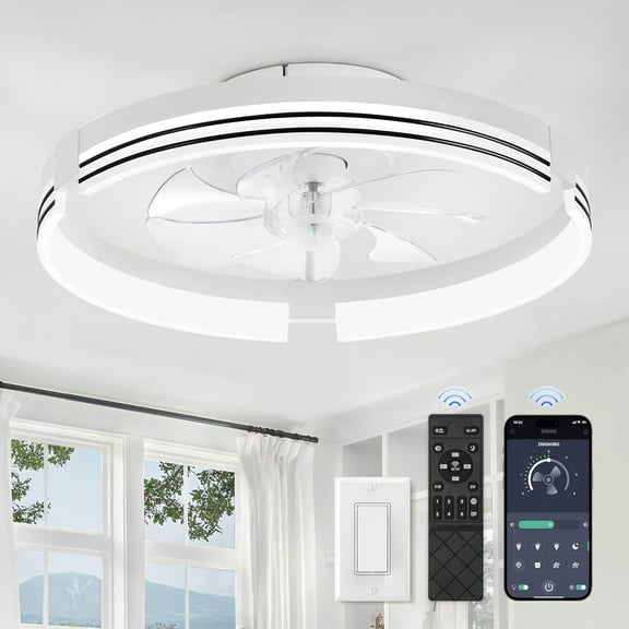 Low Profile Ceiling Fans with Lights and Remote, 20 Inch Flush Mount Ceiling Fan with Light, 3000K-6000K Dimmable Fandelier LED Fan Light, 6 Wind Speeds White Ceiling Fans for Bedroom