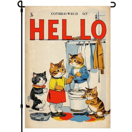 Cat Decoration Garden Flag for Outdoor, Fluffy Cat Comic Cats Cartoon Style Outdoor Garden Flag Kitten Camper Decorations, for Farmhouse Outdoor Garden Balcony Deco 28x40in