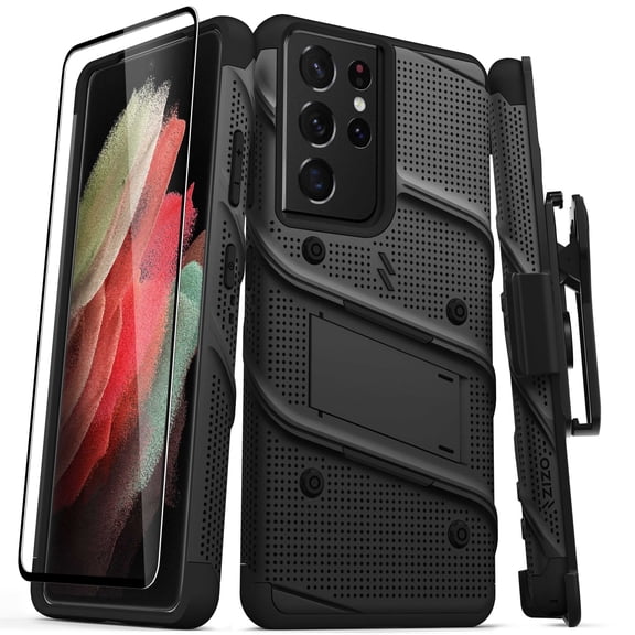 ZIZO BOLT Series for Galaxy S21 Ultra Case with Screen Protector Kickstand Holster Lanyard - Black