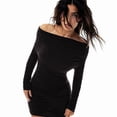 thumbnail image 2 of Women'S Fall Winter Elegant Solid Color Off-Shoulder Hip Dress Long Sleeve Pleated Slim Party Mini Dress Black L, 2 of 5