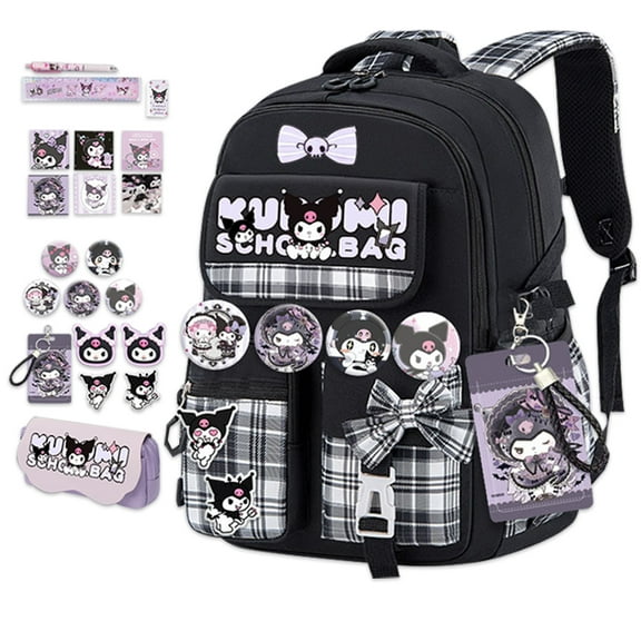 Roffatide Anime Kuromi Kawaii Backpack for Women with 21-Piece Accessories,Black