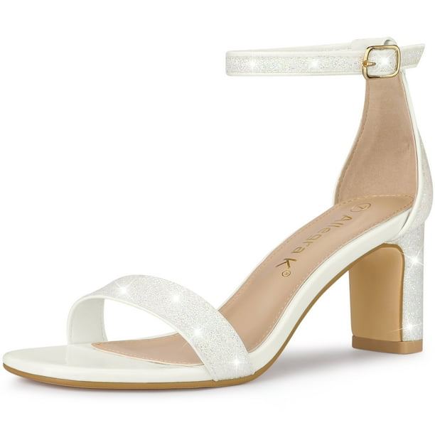 Sandalias de Tacón Grueso con Brillo En el Tobillo para Mujer Allegra K Polvo Blanco US 6
