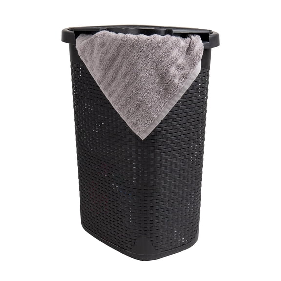 60L Slim Laundry Hamper, Clothes Basket, Lid, Wicker Design, Plastic, 17.65"L x 13.75"W x 24.15"H, Black