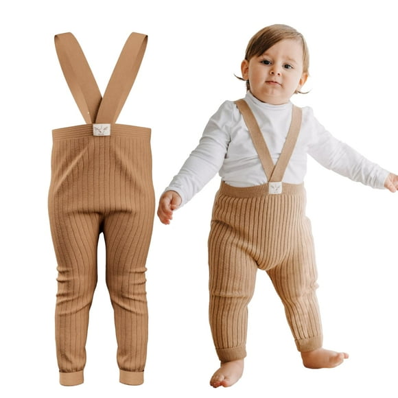 Mama-Yoyo Baby&Kids |100% Organic Cotton | GOTS Certificate |Baby Knit Leggings with Suspenders | High Waist Tights w Braces|Winter Fall Baby Pants |Baby Knitwear Premium Comfortable Clothes|Cappucino