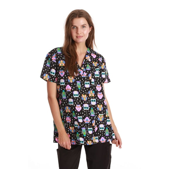 Just Love Women's Medical V-Neck Scrub Tops (Black - Hoot Hoot Owl, Large)